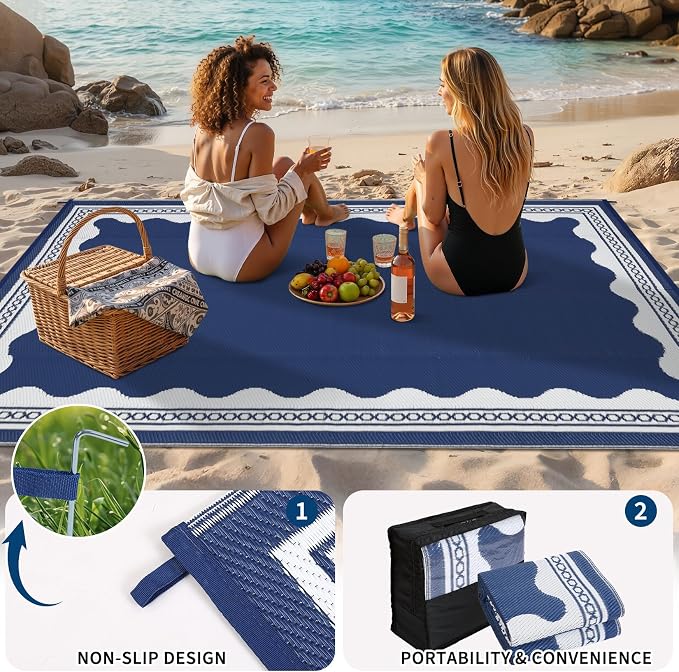 Garvee Outdoor Rug 5x8 Scalloped Waterproof Patio RV Outdoor Rugs Reversible Foldable Plastic Straw Rug Modern Camping Carpet for Deck Camper Porch Balcony Backyard Picnic Beach Dark Blue