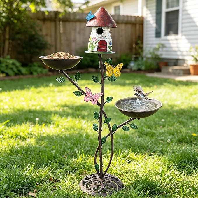 Multi-Functional Birdhouses for Outdoors, Metal Bird House with Bird Feeder and Bird Bath, 3-in-1 Suitable for Garden Decoration Yard, Cast Iron Base