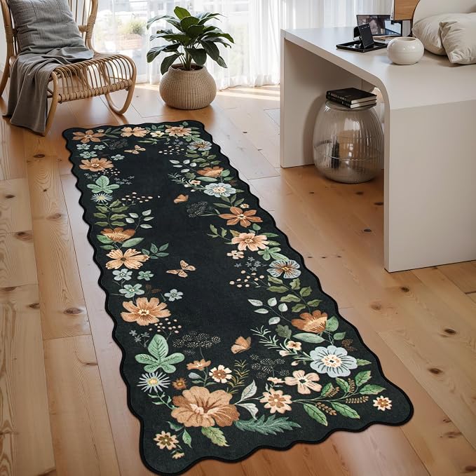 Lahome Floral Kitchen Runner, 2X6 Washable Runner Rug Non Slip Ultra-Thin, Soft Hallway Rug Stain Resistant Boho Small Low-Pile Carpet for ‎Laundry Bathroom Bedroom Flore (2x6ft,Black/Grey)