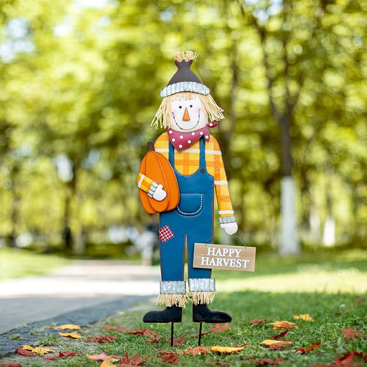 Glitzhome 36"H Fall Decorative Yard Signs with Stakes, Metal Scarecrow Garden Yard Stake for Home Lawn Yard Pathway Front Door Fall Harvest Thanksgiving Standing Hanging Decor