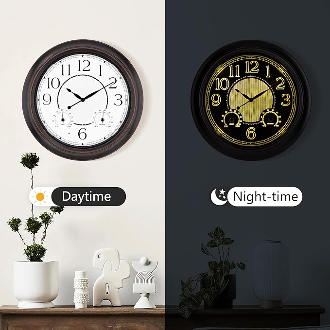 18 Inch Large Illuminated Outdoor Wall Clock, Waterproof Wall Clock with Smart Night Light Sensor, Lighted Large Wall Clock with Thermometer & Hygrometer for Patio Pool Porch Garden & Home Decor