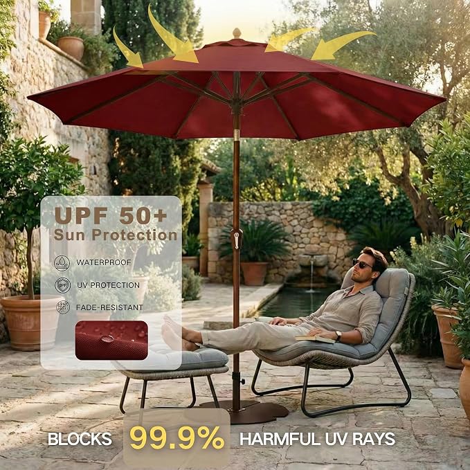 Kingdura 9FT Outdoor Patio Umbrella, Round Market Table Umbrella with Push‑Button Tilt and Crank Lift, 8 Sturdy Metal Ribs, UV50+ Protection Canopy for Backyard, Lawn, Deck, Poolside, Garden (Dark red)