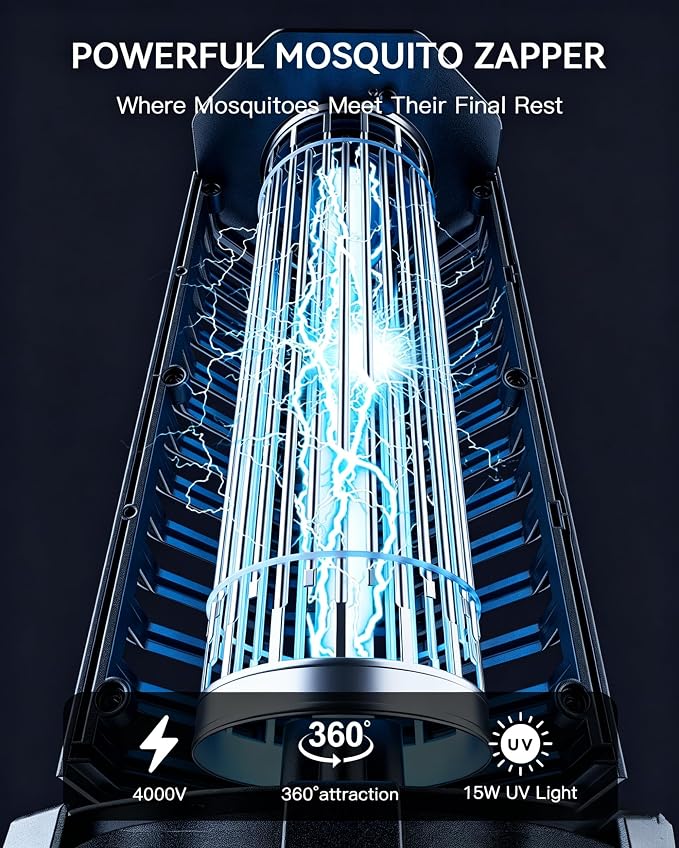 Minimoon Bug Zapper Outdoor 4000V Powerful Electric Mosquito Zapper, 15w Fly Trap Outdoor, IPX4, Corded Fly Zapper for Indoor, Yard, Backyard, Patio, Camping (Black)