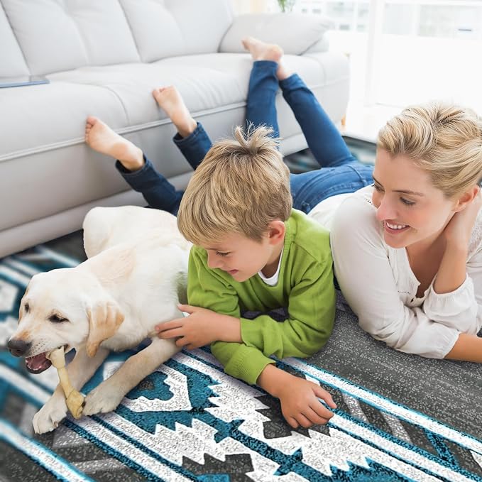 YHSF Southwestern Area Rug - Anti Static & Washable - Graphite, 2 ft x 7 ft | Soft Native American Tribal Floor Rugs for Living Room, Bedroom, Hallways, and More - Easy-to-Clean Home Decors