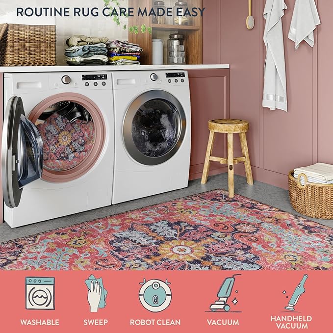 Lahome Bohemian Floral Medallion Area Rug - 2x3 Small Hot Pink Bath Rug Kitchen Sink Mat, Machine Washable Non-Slip Soft Indoor Carpet for Doormat Bedside Apartment Entrance, Fuchsia/Multi