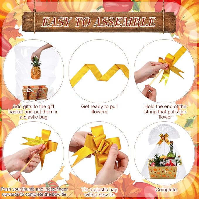 Qinyoung 12 Pcs Fall Basket for Gifts Empty 9.8 x 6.5'' Pumpkin Maple Leaves Gift Basket Empty to Fill with Handles, Bows, Plastic Bags and Twist Ties for Autumn Thanksgiving Party Favor Supplies