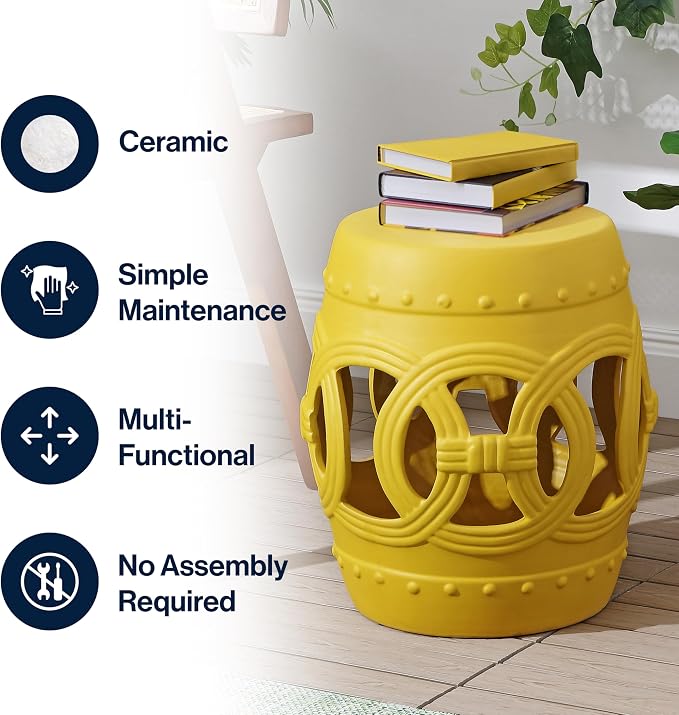 JONATHAN Y Lucky Coins 16" Ceramic Garden Stool, Contemporary Matte Yellow Cutout Interlocking Rings Drum Indoor/Outdoor Side Table and Plant Stand for Patio, Garden, Living Room TBL1022E