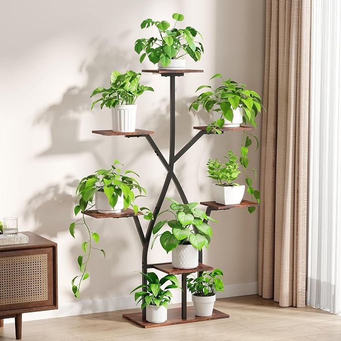 Quikraen Plant Stand Indoor with Grow Lights,50" Plant Shelf Corner Lighted Plant Stands for Indoor Growing,7 Tiered Large S-Shape Metal Display Shelves Plant Rack for Home Decor Patio Balcony