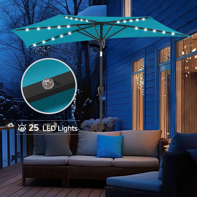 9FT Solar Half Umbrellas Outdoor - LED Half Patio Umbrella with 25 Lights, UV Protection Waterproof, Half Round Umbrella for Wall Balcony, Pool, Porch, Garden, Deck, Backyard, Aqua Blue