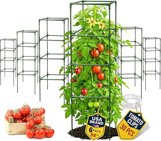 Tomato Cage Square - Large Trellis Stakes and Plant Support Structures for Vegetables and Climbing Plants - Tall Tomato Cages for Garden, Pots, Raised Garden Bed Outdoor Supplies (6 Pack - Up to 58")