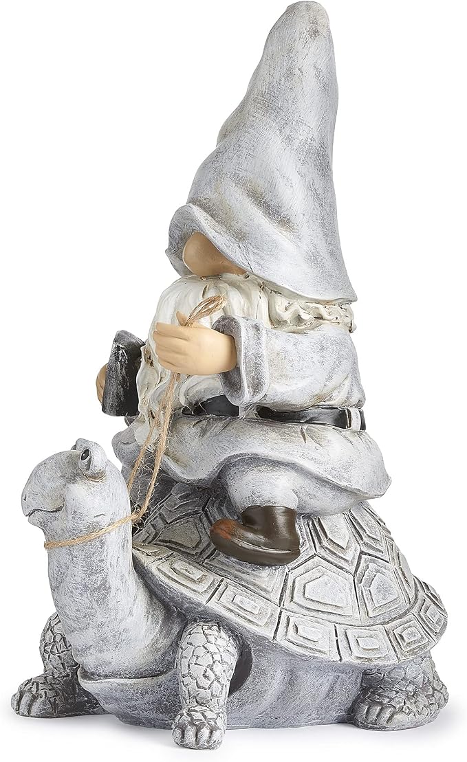 Roman Inc. Giftware Garden Collection Gnome Riding Turtle Statue, Resin and Stone, 11.5" H, Decorative Garden Gift, Home Outdoor Decor