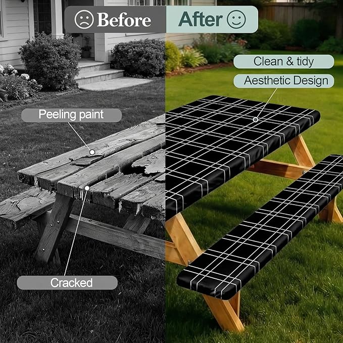 Play Tailor Picnic Table Cover with Bench Covers Camping Essentials Waterproof Windproof Camping Tablecloth with Drawstring Bag, Fitted Rectangle Tables and Seats, 96in, Black Checkered