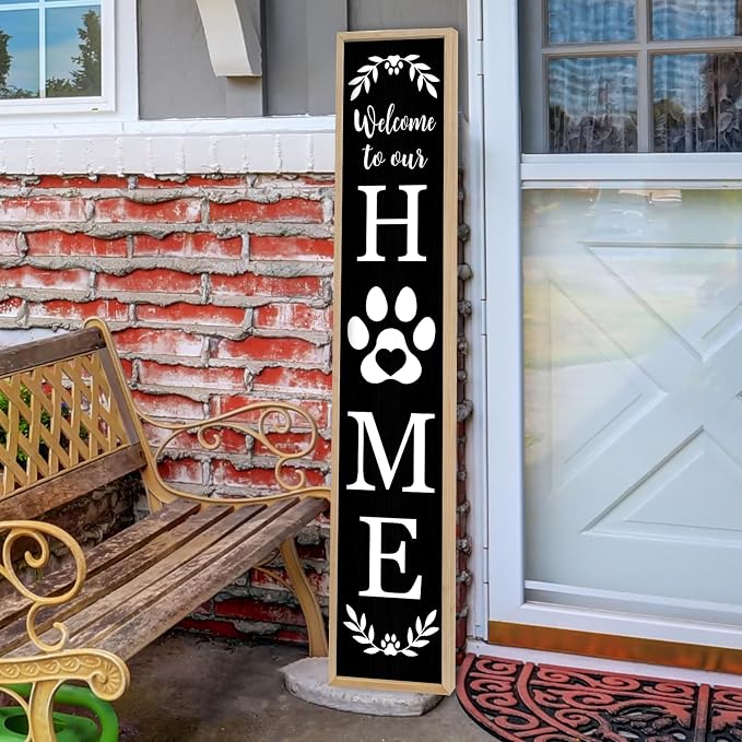 Standing Front Porch for Welcome To Our Home Sign 45"X9" Tall Vertical Leaner Paw Print Outdoor Front Door Wood Framed Decor (Wood Black)