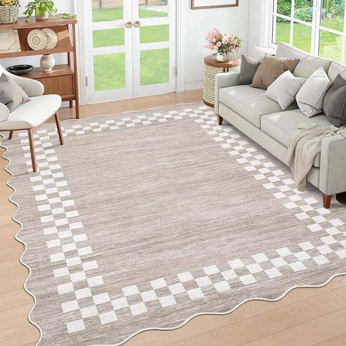 GarveeHome Washable Rug 5x7 for Living Room Large Bedroom Scalloped Rug | Non Slip Stain Resistant Modern Border Throw Carpet Soft Neutral Rug for Dining Room Nursery Home Office, Fog