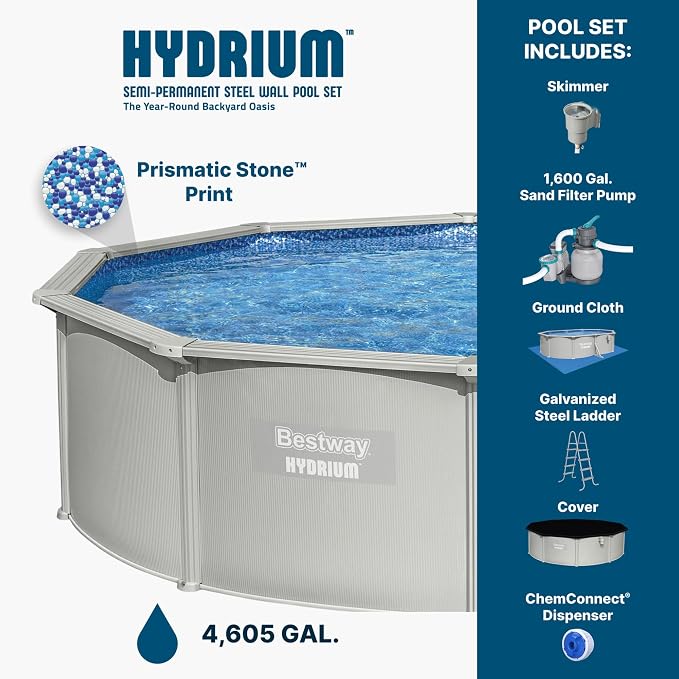 Bestway Hydrium 15' x 48" Steel Side Wall Above Ground Pool with Pump | Semi-Permanent All-Season Swimming Pool with Galvanized Steel Frame - Sand Filter Pump, Ladder, Cover, and Skimmer Included
