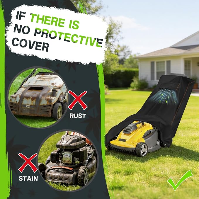 Patio Lawn Mower Covers,Anti-UV Protector Lawnmower Storage Cover with Air Vents and Elastic Straps,Outdoor Weatherproof Push Lawn Mower Cover-Black（Push-74"L x 26"W x 40"H）