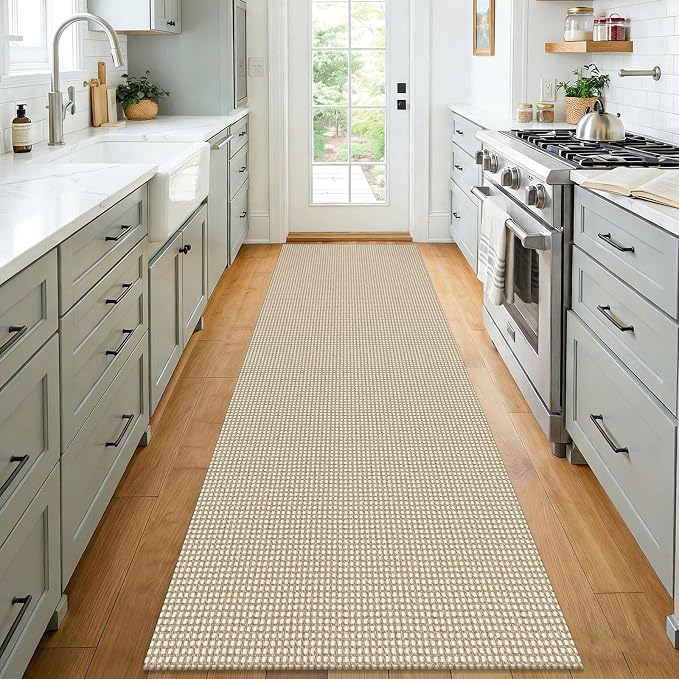 KOZYFLY Woven 3x7 Washable Kitchen Runner Rug, Non Slip Wide Runners for Hallway, Cotton Entryway Runner, Braided Floor Carpet for Entry, Kitchen, Bedside, Hall, Ivory/Camel/Brown