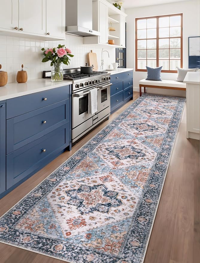 SERISSA 2'6"x14' Washable Non Slip Boho Runner Rug for Hallway，Blue Orange | Ultra Soft Vintage Oriental Carpet Low-Pile Tribal Floor Carpet for Kitchen Bedroom Entryway Bathroom Laundry Room