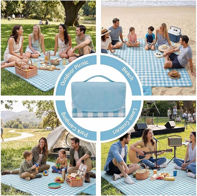 Waterproof Foldable Picnic Blanket Outdoor with Carry Strap,80"X60" Extra Large Beach Blanket Sandproof,Portable Soft Gingham Picnic Mat for Camping Travel Hiking Family Concerts Park(Blue)
