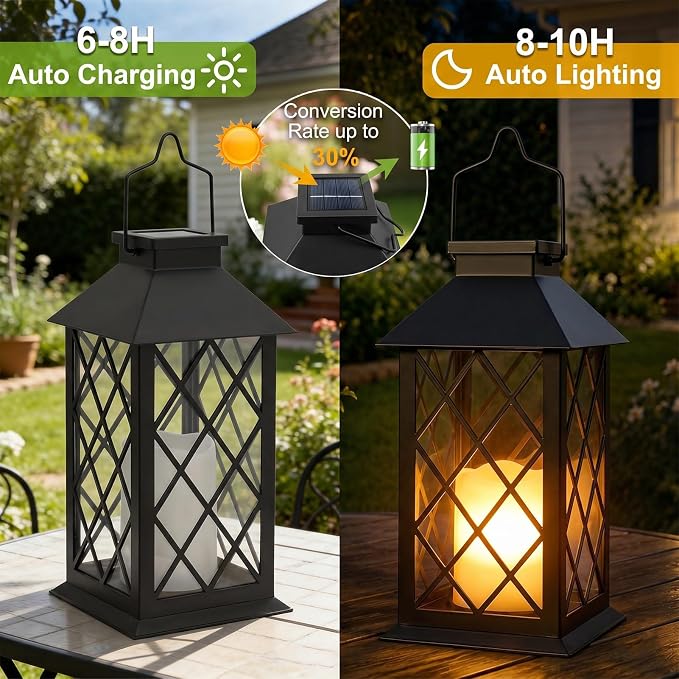 Solar Lanterns Outdoor Waterproof, 2 Pack 14'' Large Tempered Glass Outdoor Lanterns with Flameless Candle, Solar Hanging Lantern Decorative for Patio Porch Garden Table Deck Outside - Black