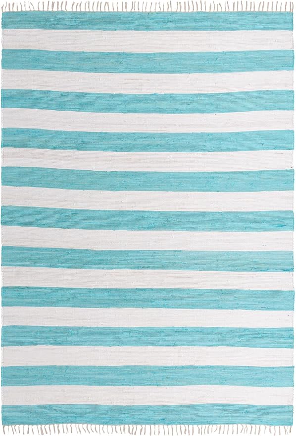 Unique Loom Chindi Rag Collection Area Rug - Striped (10' x 14' 1" Rectangle, Turquoise and Ivory)