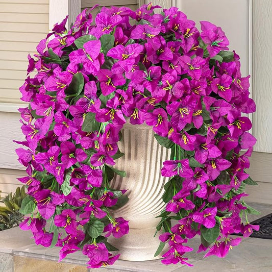 INXUGAO 2 pcs Artificial Faux Bougainvillea Flowers Plants for Outdoor Outside Summer Decoration, Fake Silk UV Resistant Long Trailing Vines for Front Door Porch Planter Balcony (Purple Deep Lotus)