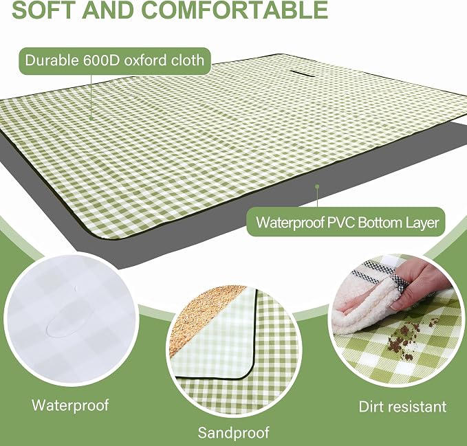 HX&OD Picnic Blanket Outdoor Extra Large Picnic Mat 80"X60" Camping Blanket Beach Blanket Foldable Waterproof Sand Mat Hiking Travel Family Concerts(Green)
