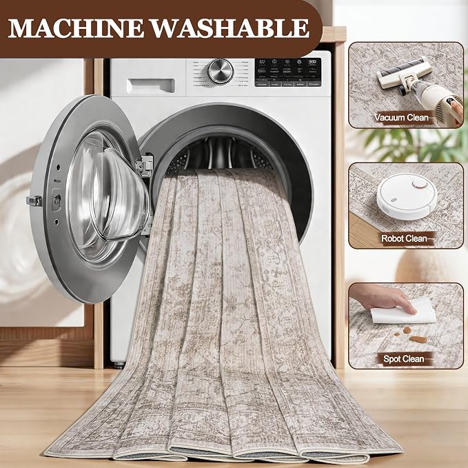 9x12 Washable Area Rugs for Living Room Beige Brown Non-Slip Rug | Vintage Medallion Rug，Soft Low Pile Large Rugs，Indoor Retro Carpet for Bedroom Nursery Dining Table Farmhouse Home Office