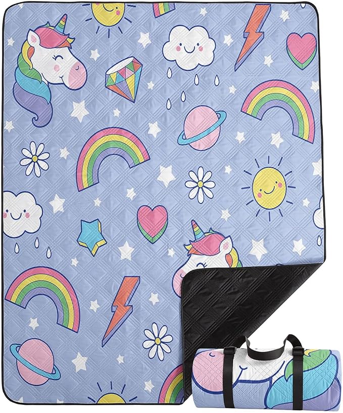 Outdoor Picnic Blanket,Portable Sandproof Waterproof Picnic Mat,Rainbow Unicorns Printed Camping Beach Mat for Sand and Wet Grass Hiking (Rainbow Unicorns L)