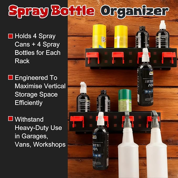 2 Pack Spray Bottle Holder Wall Mount, Carbon Steel Heavy-Duty Car Detailing Bottle Organizer, Spray Can Holder Rack with 4 Holes & 4 Hooks, Space Saving Storage Holder for Garage Workshop Van Shed