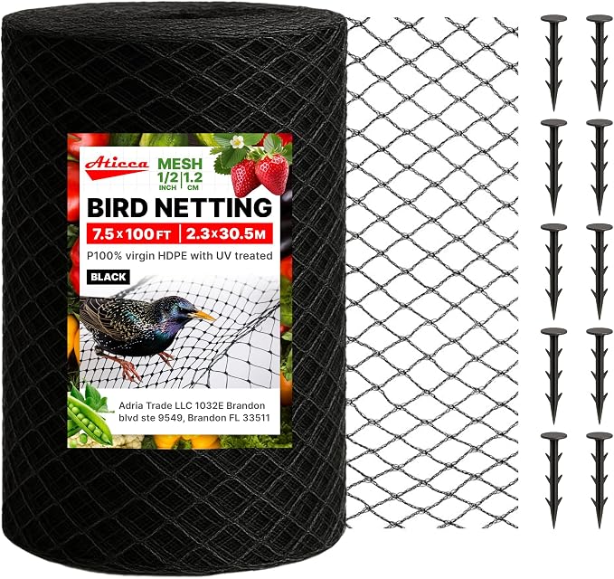 ATICCA Heavy Duty Bird Netting for Garden Protection & Fruit Trees, 7.5x100 Ft with 10 Stakes – Black Anti-Bird Net for Poultry, Deer, & Squirrel Protection, Durable Mesh for Garden and Yard Use