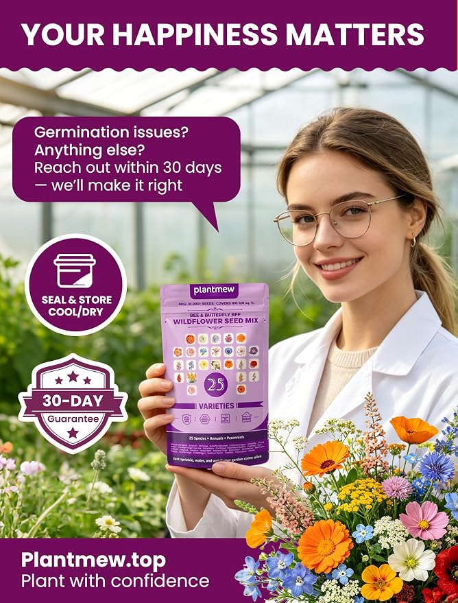 Bee & Butterfly BFF Wildflower Seed Mix – 25 Heirloom Varieties Annual + Perennial, 10,000+ Seeds (40g) Covers 100-120 sq.ft. – High Germination for Outdoor Pollinator Garden