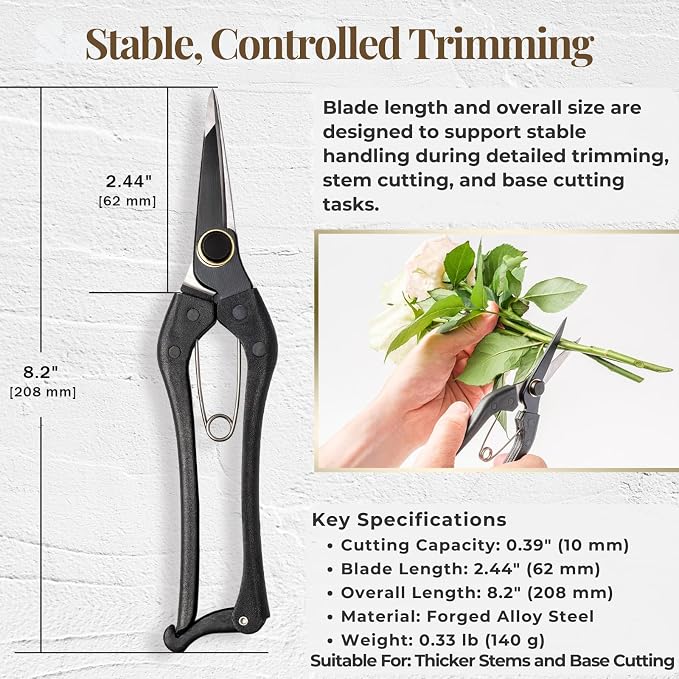 Wablade Japanese Pruning Shears Single-Edge, 8.2-Inch Precision Pruning Scissors for Thicker Stems & Base Cutting, Cuts Up to 0.39" (10 mm), Forged Alloy Steel Blade, Made in Japan