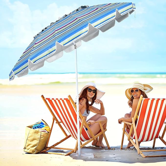 Tangkula 8FT Beach Umbrella, Portable Outdoor Sunshade Beach Umbrella with Sand Anchor & Tilt Mechanism, 16 Sturdy Fiberglass Ribs, Carrying Bag for Garden, Patio (Blue)