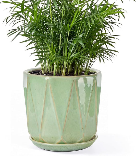 7.8 Inch Ceramic Plant Pot with Drainage Hole Mesh Net, Large Flower Pots for Indoor Plants with Saucer, Gardening Pots Outdoor (Crackle-Green)