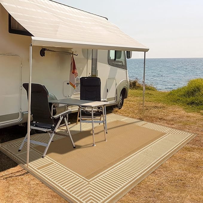 Waterproof Plastic Straw Outdoor Rug 9x18 Patio Reversible UV Resistant Foldable Camping Carpet Modern Striped Large Outdoor Rugs for Deck, Camper, Balcony, Beach，Light Brown/Coffee