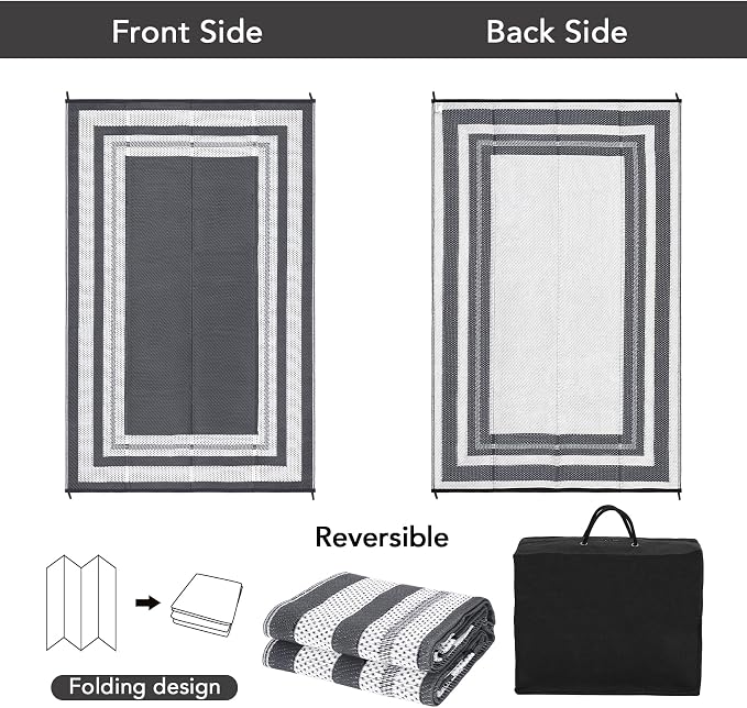 Garvee 9x12 Outdoor Rug for Patio Plastic Straw Rug Waterproof Reversible Mat Lightweight Foldable Carpet Easy Clean Large Rugs for Patio Porch Backyard Camping RV Beach Balcony Deck Panel Grey