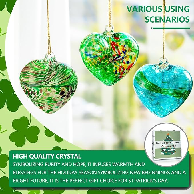 Set of 3 Blown Glass Heart Ornaments Hanging Green Gazing Balls for Outdoor | Hand-Blown Craftsmanship, Easy-Hang Lanyard Design for Indoor & Outdoor Hanging