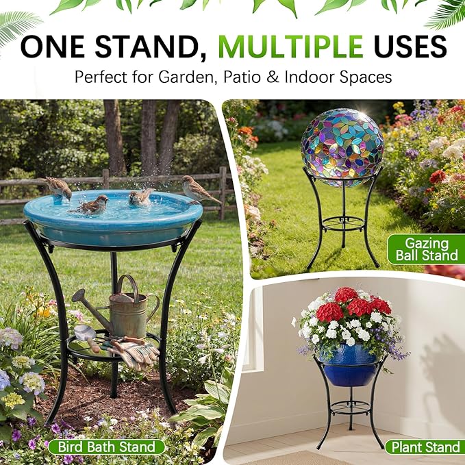 16" Tall Metal Bird Bath Stand, 2-Tier Wrought Iron Plant & Gazing Ball Stand with 6 Non-Slip Pads, Sturdy Multi-Use Flowerpot Holder for Outdoor Indoor Garden Patio