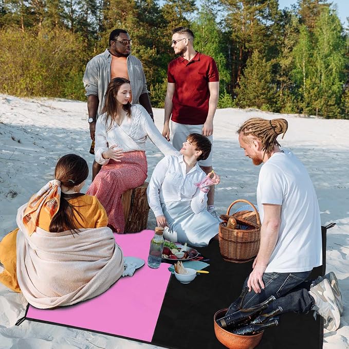 Frelaxy Pocket Picnic Blanket, Waterproof Sandproof Beach Mat, Compact Camping Tarp for Festivals, Hiking, Travel, Outdoor Recreation (Pink & Black, 57'' x 60'')