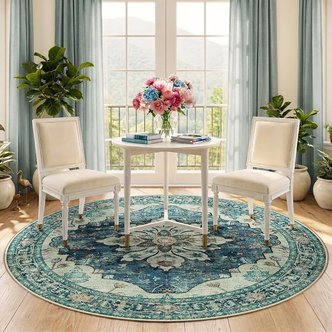 RELEANY Washable Area Rug, Round 6ft, Blue/Vintage Dark Blue | Non-Slip, Water Repellent, Pet Friendly, Easy to Clean, Vintage Floral Boho Decor for Living Room Bedroom Dining Room