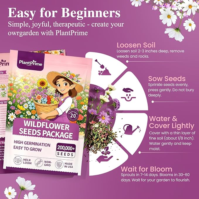 Wildflower Seeds Bulk (4oz) – 20 Varieties 200,000+ Perennial & Annual Mix, High Germination, Attracts Bees, Butterflies & Hummingbirds for Outdoor Pollinator Garden, Non-GMO Easy Grow