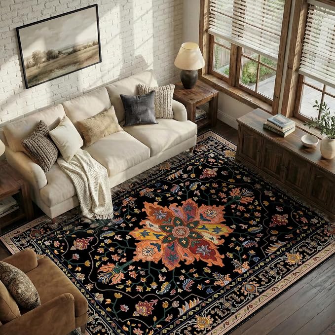 RELEANY Washable Area Rug, 5'x8', Black/Colorful | Non-Slip, Water Repellent, Pet Friendly, Easy to Clean, Vintage Floral Boho Decor for Living Room Bedroom Dining Room Office