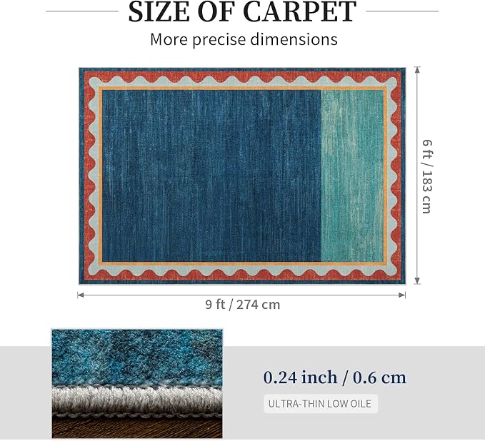 Mid-Century Washed Style Area Rug 6x9, Washable Carpet for Living Room, Non-Slip Low Pile Soft Rug for Bedroom, Kitchen, Entryway, Retro Teal