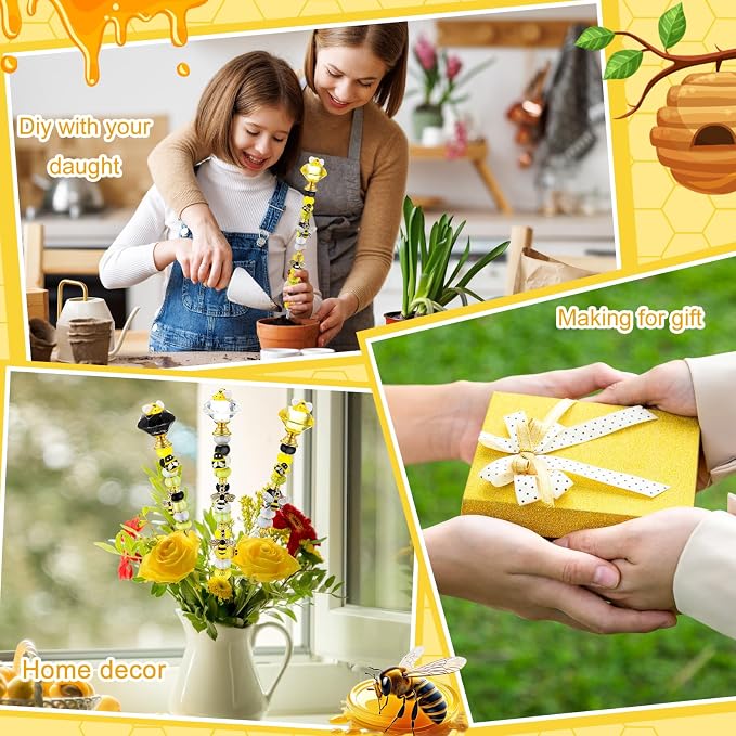 Lineshading 118 Pcs Bee Garden Stakes Fairy Wand DIY Beaded Stakes Garden Decor Includes 4 Crystal Stopper Top 10 Bee Pendant 68 Large Hole Beads 4 Threaded Rods 4 Pcs Nuts, for Craft Supply