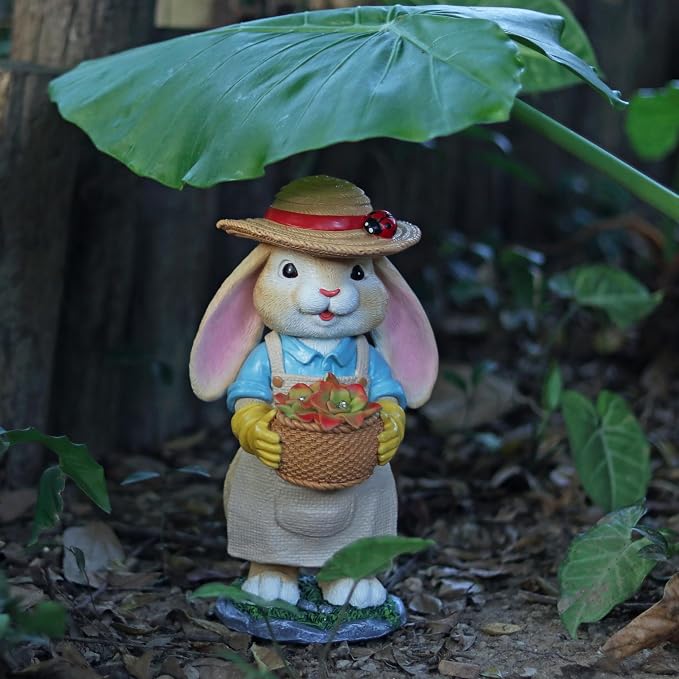 11" Rabbit Solar Garden Decor Bunny Outdoor Statue with Light | Gift Idea Light Decorations for Yard Garden Patio Mom Gift