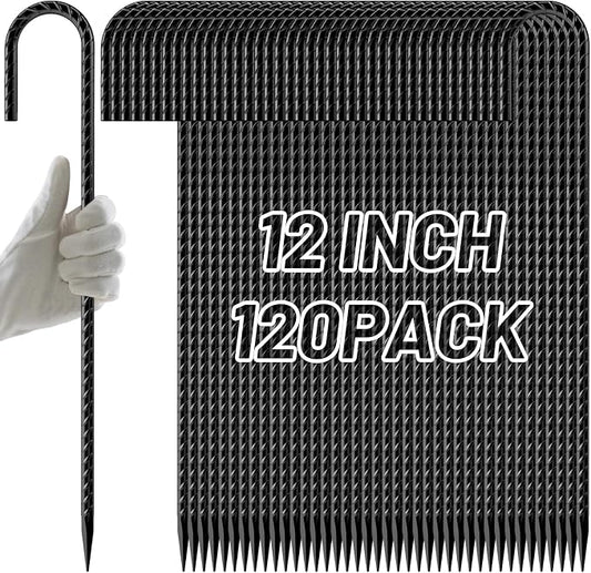 AAGUT Rebar Stakes 12 Inch 120 Pack, J Hook Premium Black Coated Ground Garden Anchors Heavy Duty, Superior Rust Resistance Chain Link Fence Stakes for Camping Tent, Inflatables, Lawn Decor