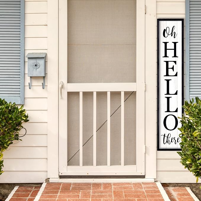 Oh Hello There Outdoor Welcome Sign For Front Porch Standing 45"X9" Large Rustic Farmhouse Vertical Tall Long Wooden Framed Outside Front Door Home Wall Decoration (Black)