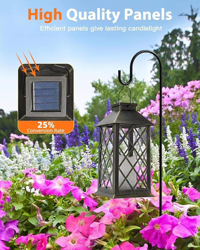Otdair Solar Lanterns Outdoor Waterproof, 2 Pack 14" Hanging Flickering LED | Auto dusk-to-dawn; Flickering flame effect; 7–8h Runtime; IP65 waterproof; Retro style; Patio yard garden decor; Gift