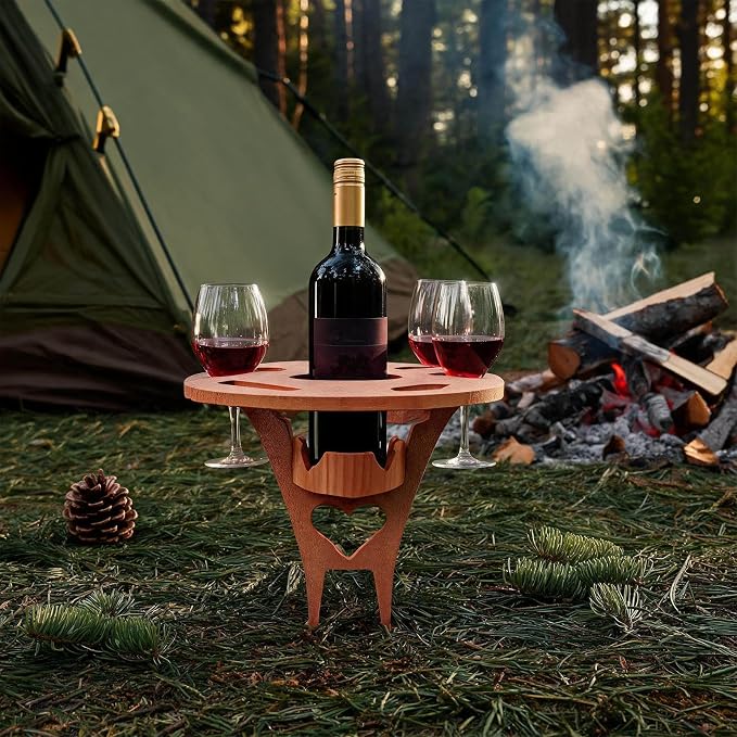 Foldable Wine Table Outdoor, Portable Mini Wooden Picnic Table Wine Glass Holder for Beach BBQ Camping Yard Lawn Party